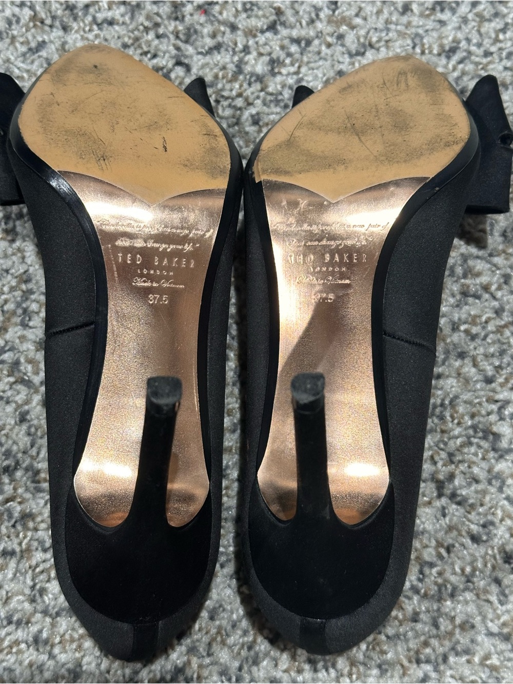 Ted Baker London Black Satin Bow Pumps Heels Rose Gold Pointed Toe 37.5 - Picture 7 of 8
